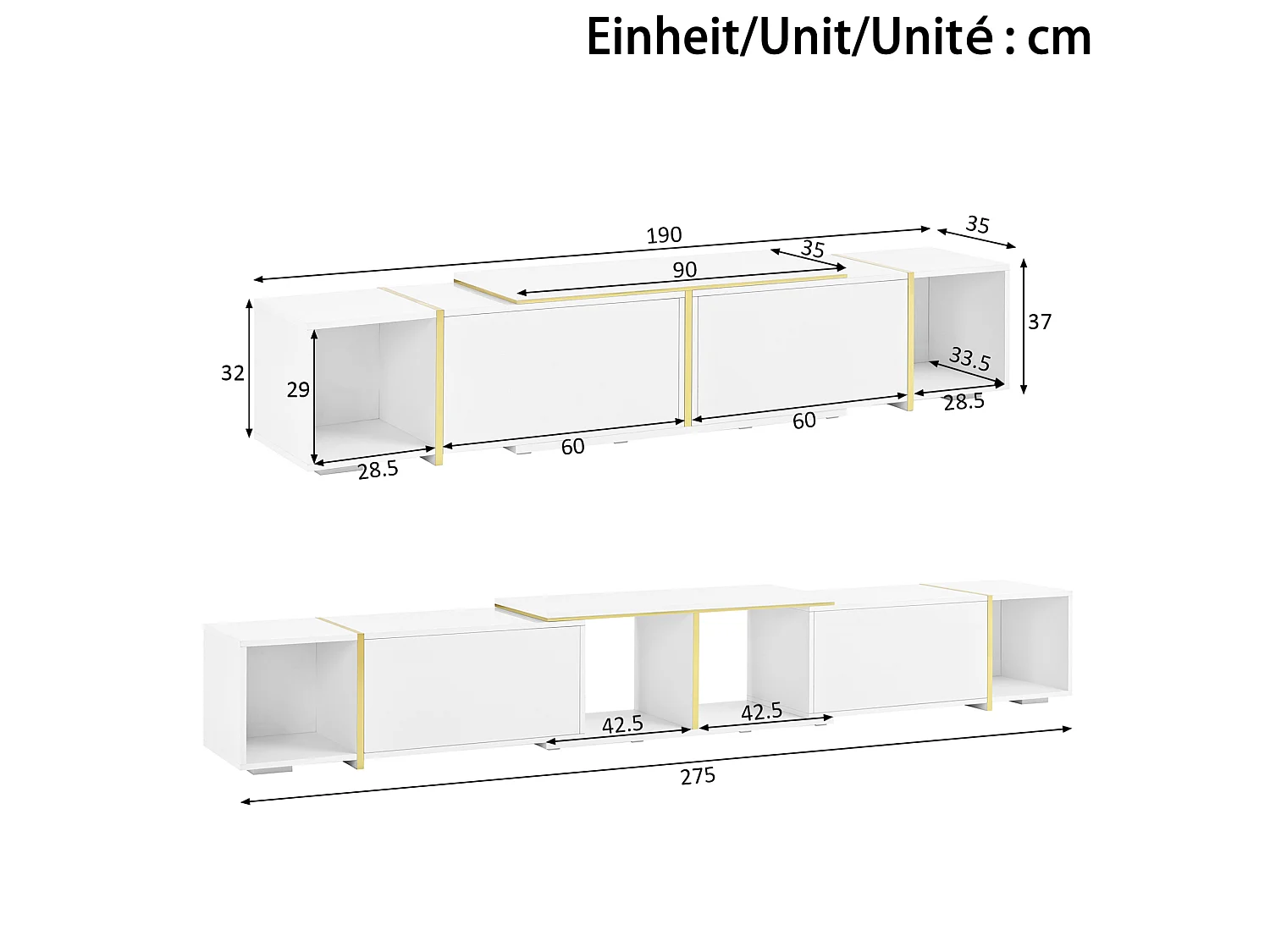 Rack para TV extensível com frentes em acabamento brilhante – Branco