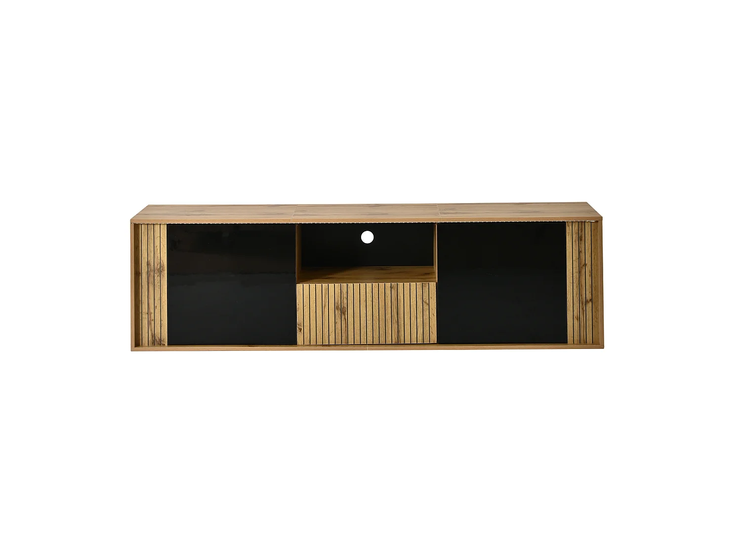 Meuble TV bas avec 2 portes et 1 tiroir, éclairage LED - Noir et bois