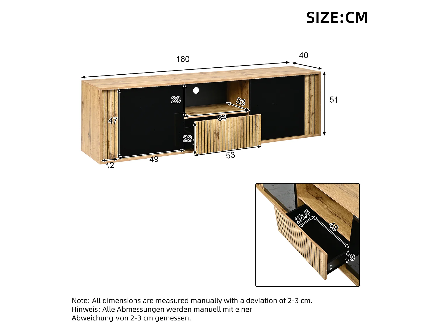 Meuble TV bas avec 2 portes et 1 tiroir, éclairage LED - Noir et bois