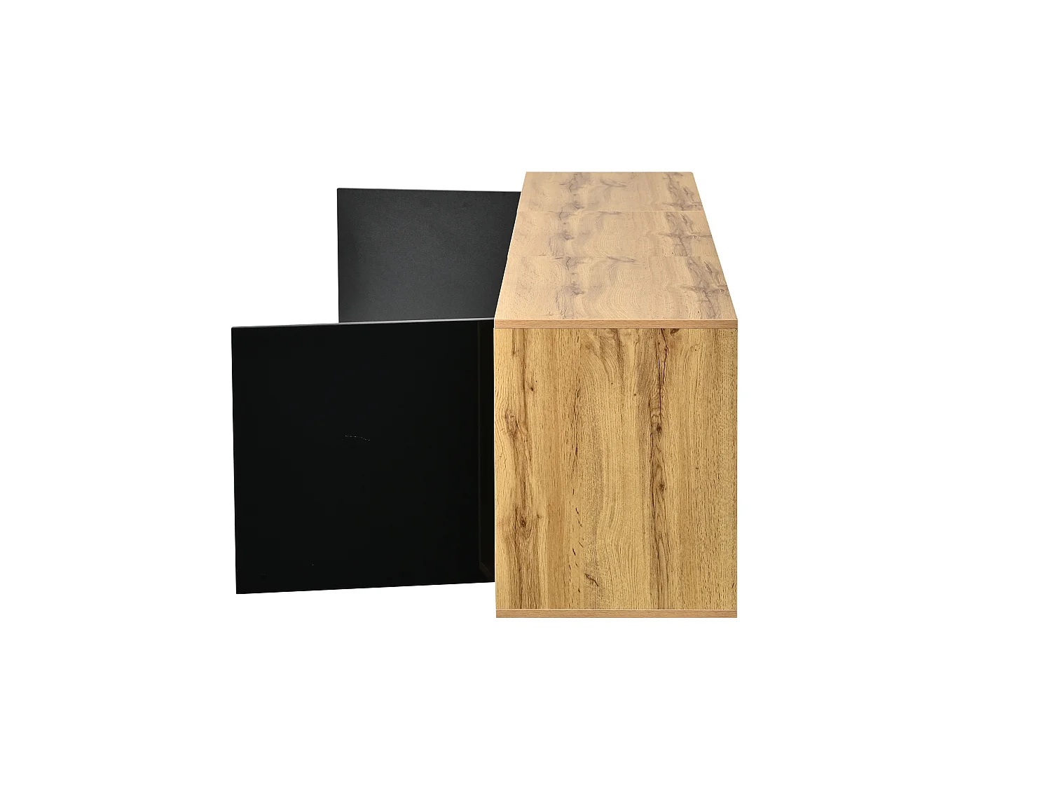 Meuble TV bas avec 2 portes et 1 tiroir, éclairage LED - Noir et bois