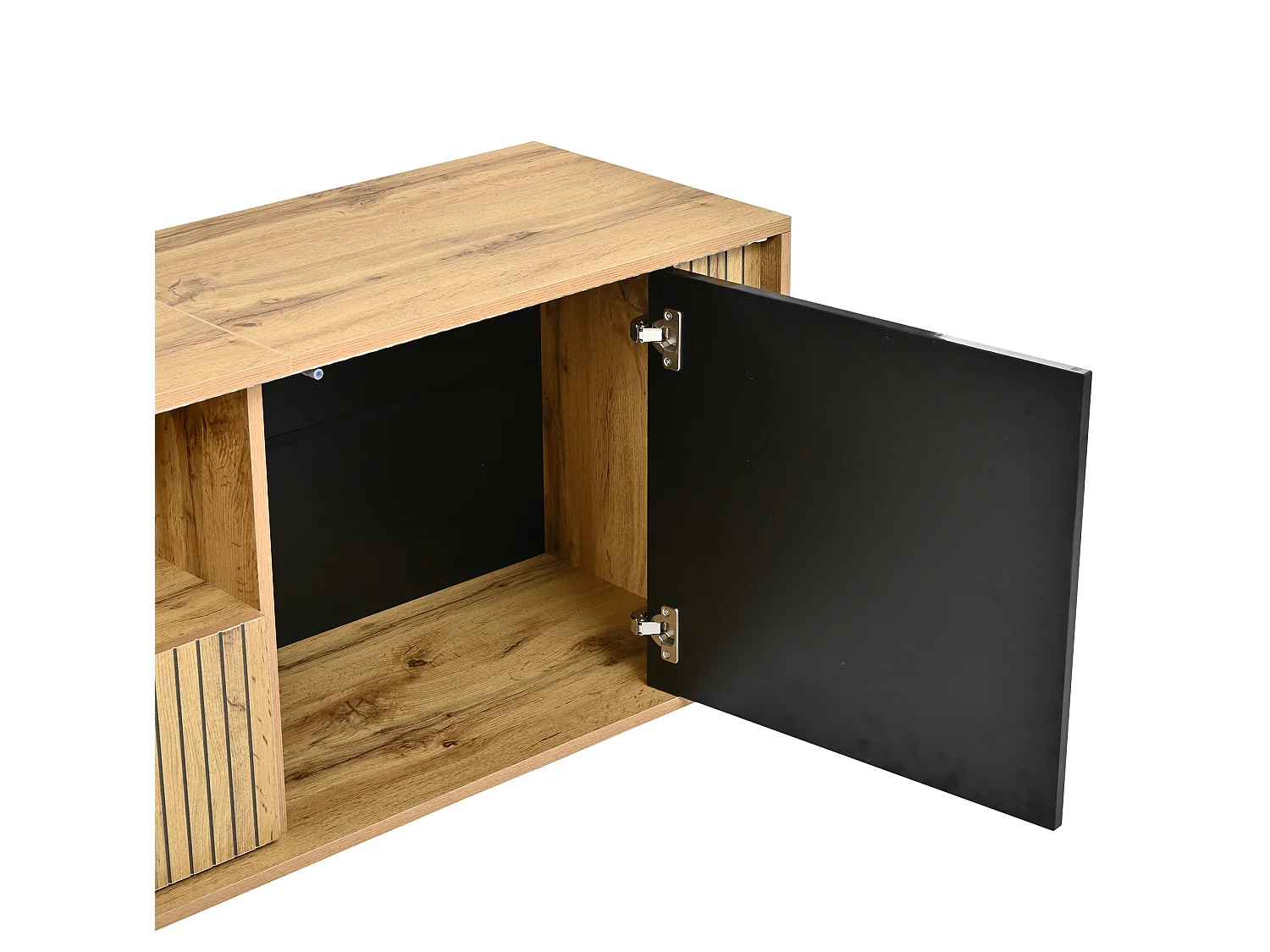 Meuble TV bas avec 2 portes et 1 tiroir, éclairage LED - Noir et bois