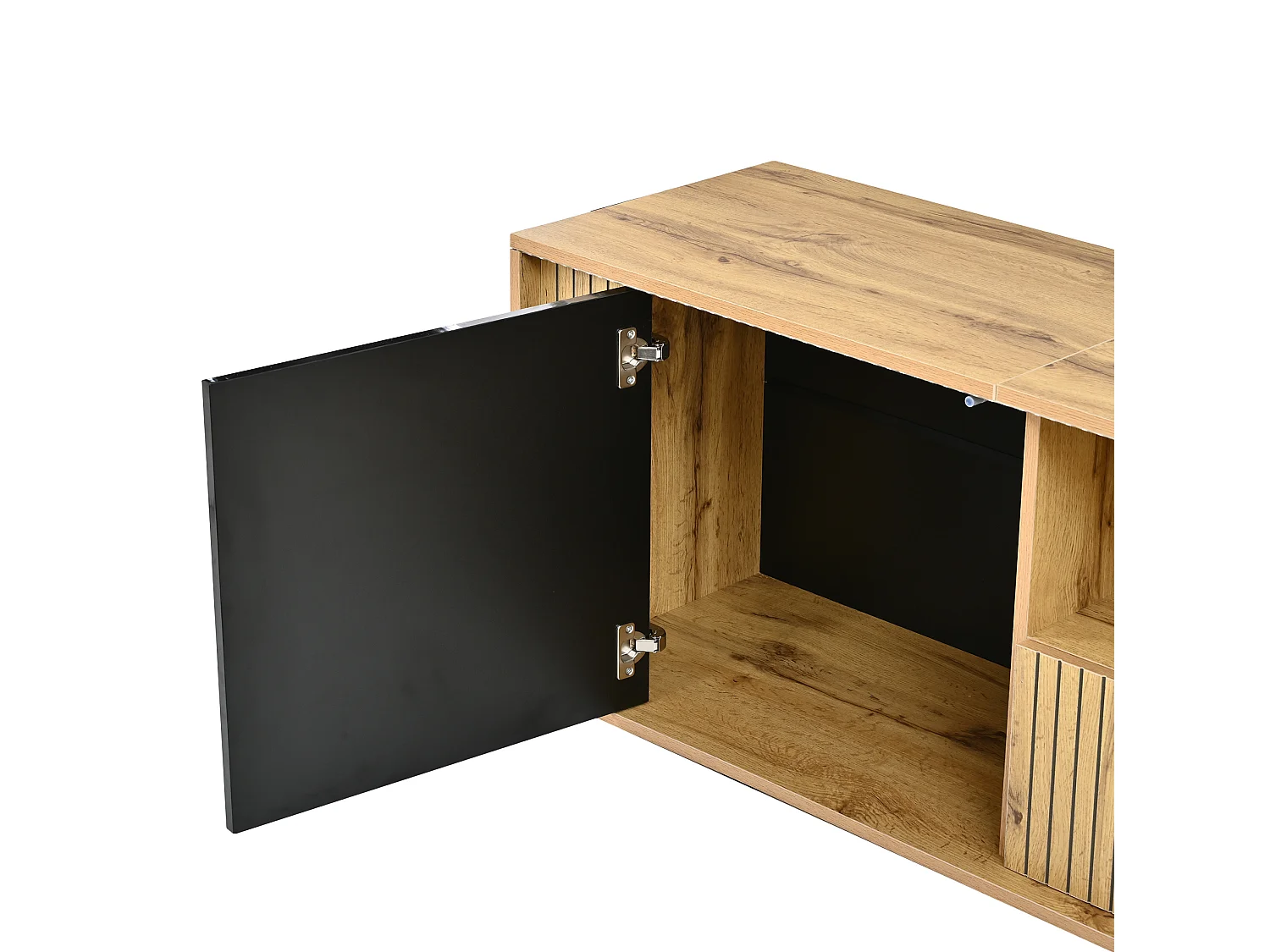 Meuble TV bas avec 2 portes et 1 tiroir, éclairage LED - Noir et bois