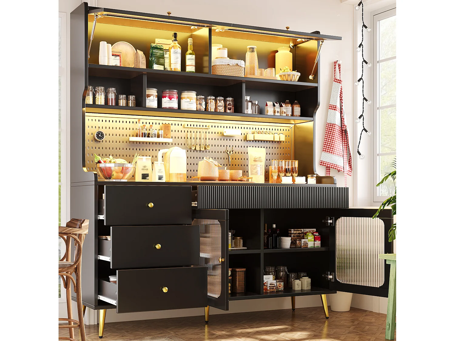 Buffet de cuisine LED avec panneau perforé, 5 tiroirs et étagères - Noir