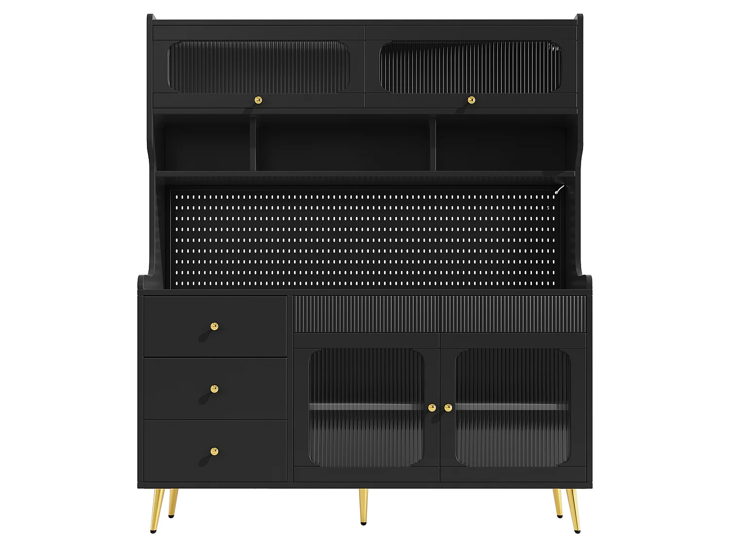 Buffet de cuisine LED avec panneau perforé, 5 tiroirs et étagères - Noir