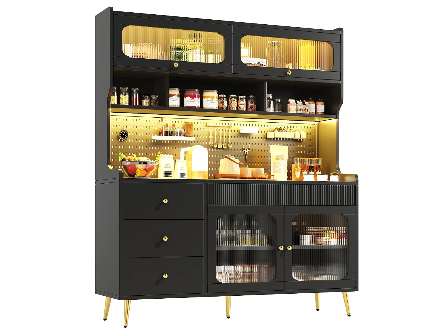 Buffet de cuisine LED avec panneau perforé, 5 tiroirs et étagères - Noir