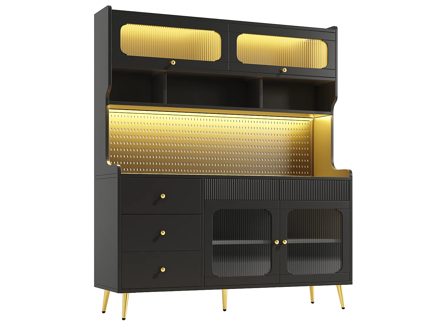 Buffet de cuisine LED avec panneau perforé, 5 tiroirs et étagères - Noir