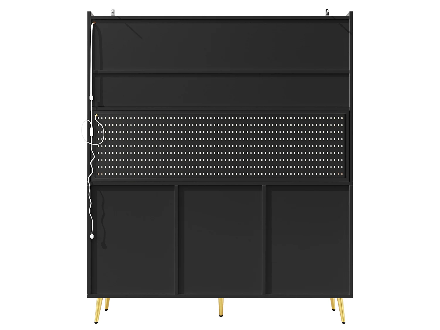 Buffet de cuisine LED avec panneau perforé, 5 tiroirs et étagères - Noir