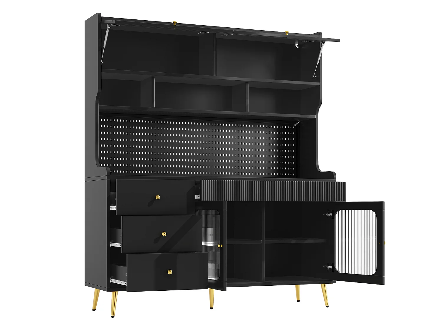 Buffet de cuisine LED avec panneau perforé, 5 tiroirs et étagères - Noir
