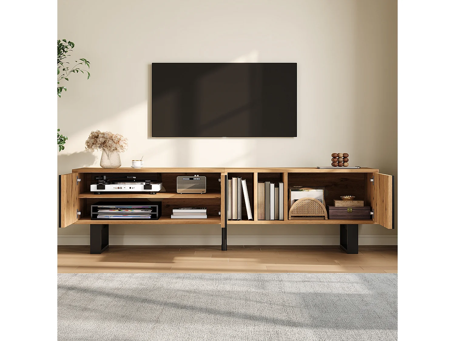 Meuble TV avec 3 portes et passe-câbles - Pieds en fer noir - Couleur bois