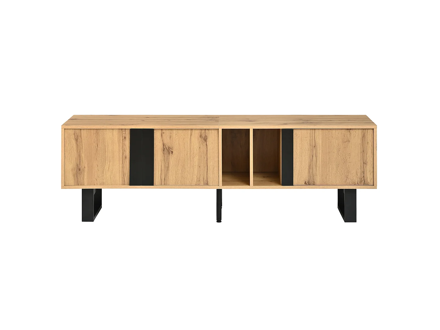 Meuble TV avec 3 portes et passe-câbles - Pieds en fer noir - Couleur bois