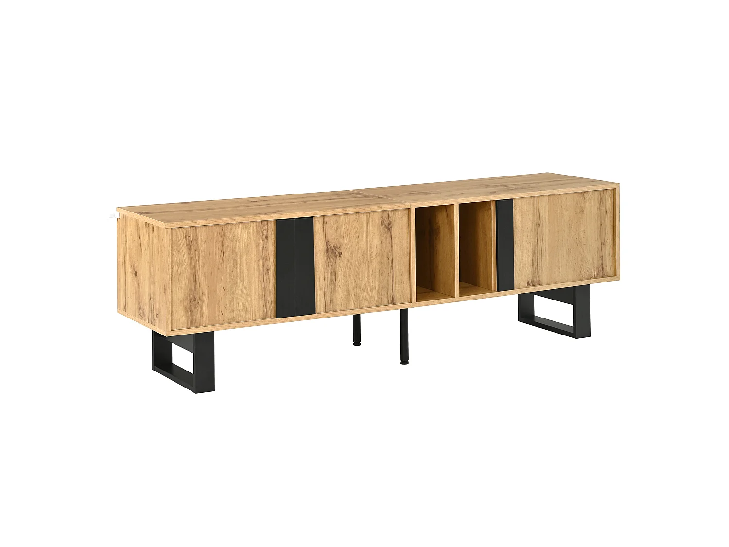 Meuble TV avec 3 portes et passe-câbles - Pieds en fer noir - Couleur bois