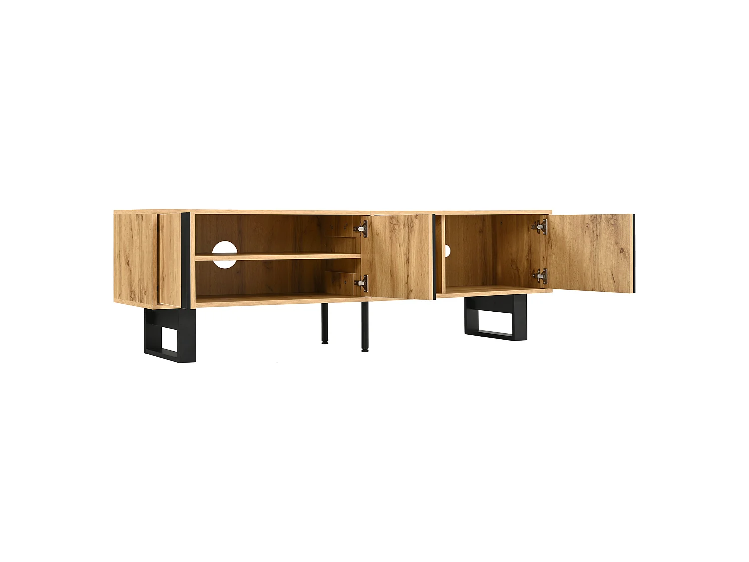 Meuble TV avec 3 portes et passe-câbles - Pieds en fer noir - Couleur bois