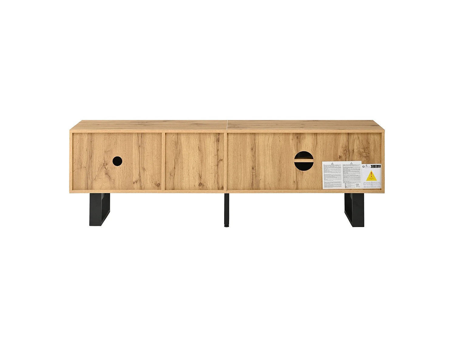 Meuble TV avec 3 portes et passe-câbles - Pieds en fer noir - Couleur bois