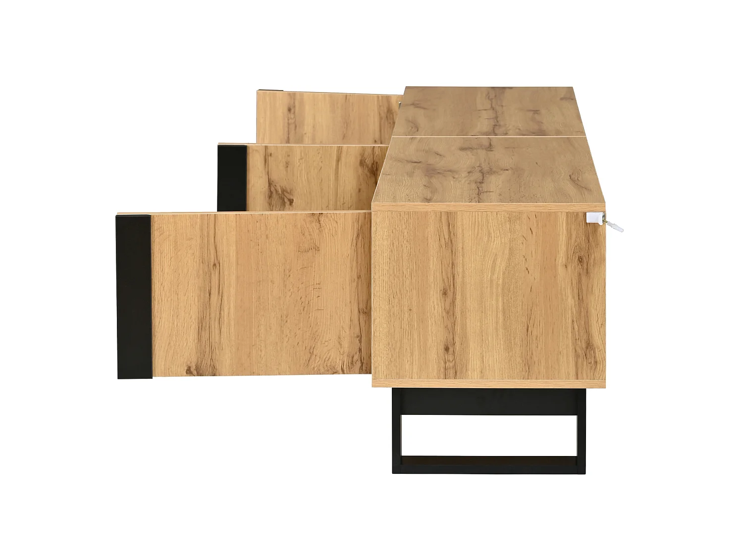 Meuble TV avec 3 portes et passe-câbles - Pieds en fer noir - Couleur bois