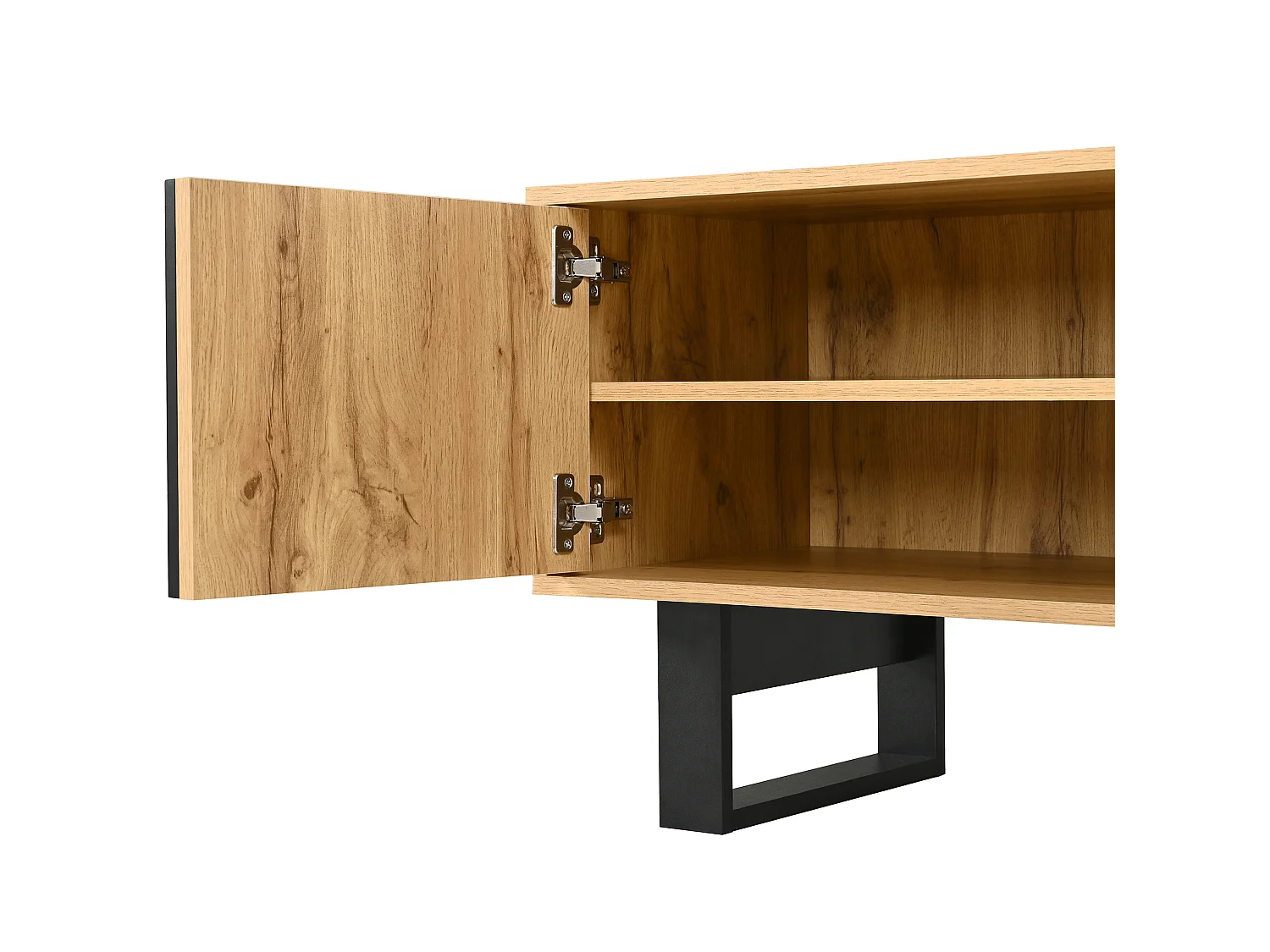 Meuble TV avec 3 portes et passe-câbles - Pieds en fer noir - Couleur bois