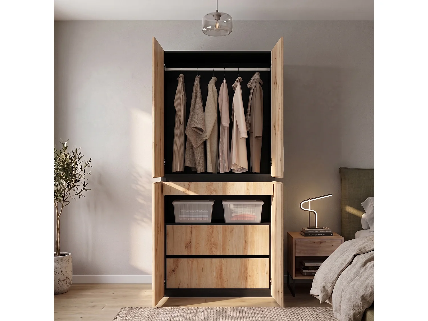 Armoire avec 4 portes et 3 tiroirs - Couleur bois 90 x 50 x 200 cm