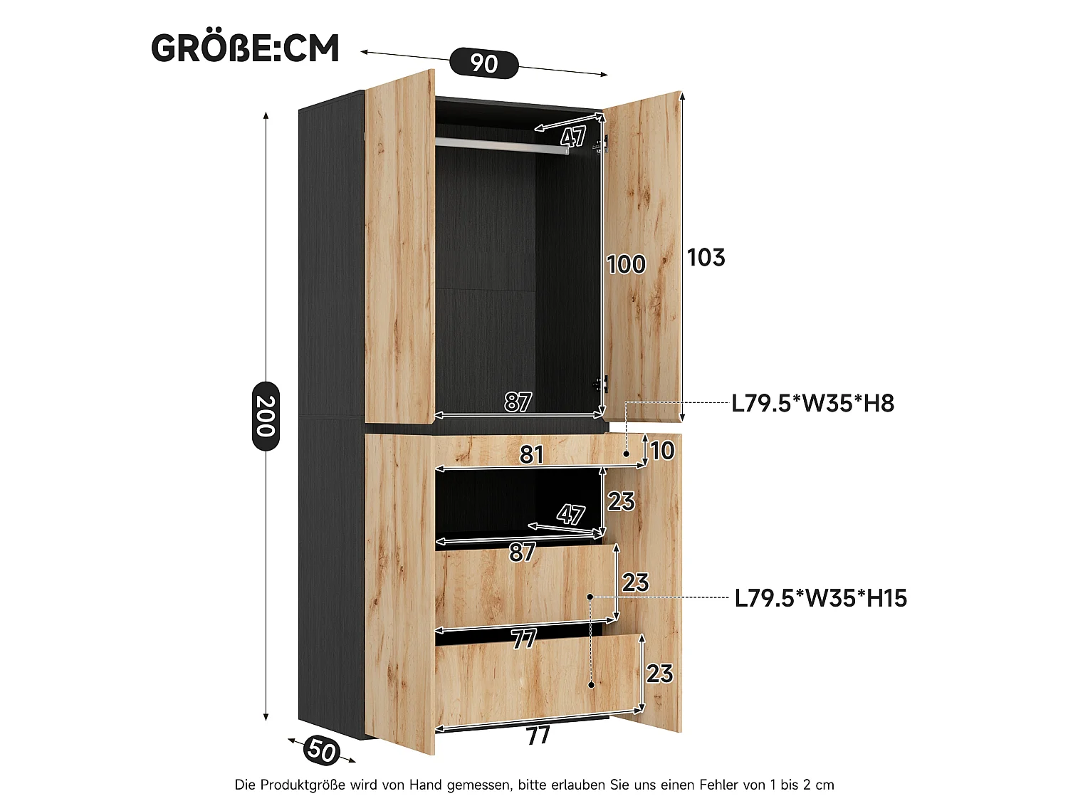 Armoire avec 4 portes et 3 tiroirs - Couleur bois 90 x 50 x 200 cm