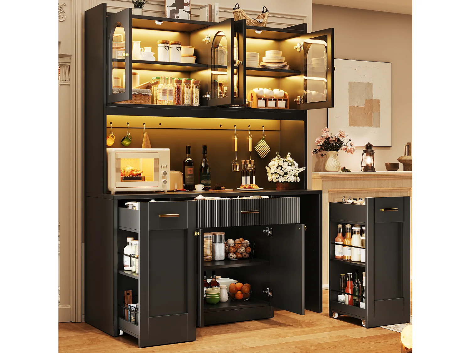 Meuble de cuisine 120 cm avec éclairage LED, portes et tiroirs - Noir