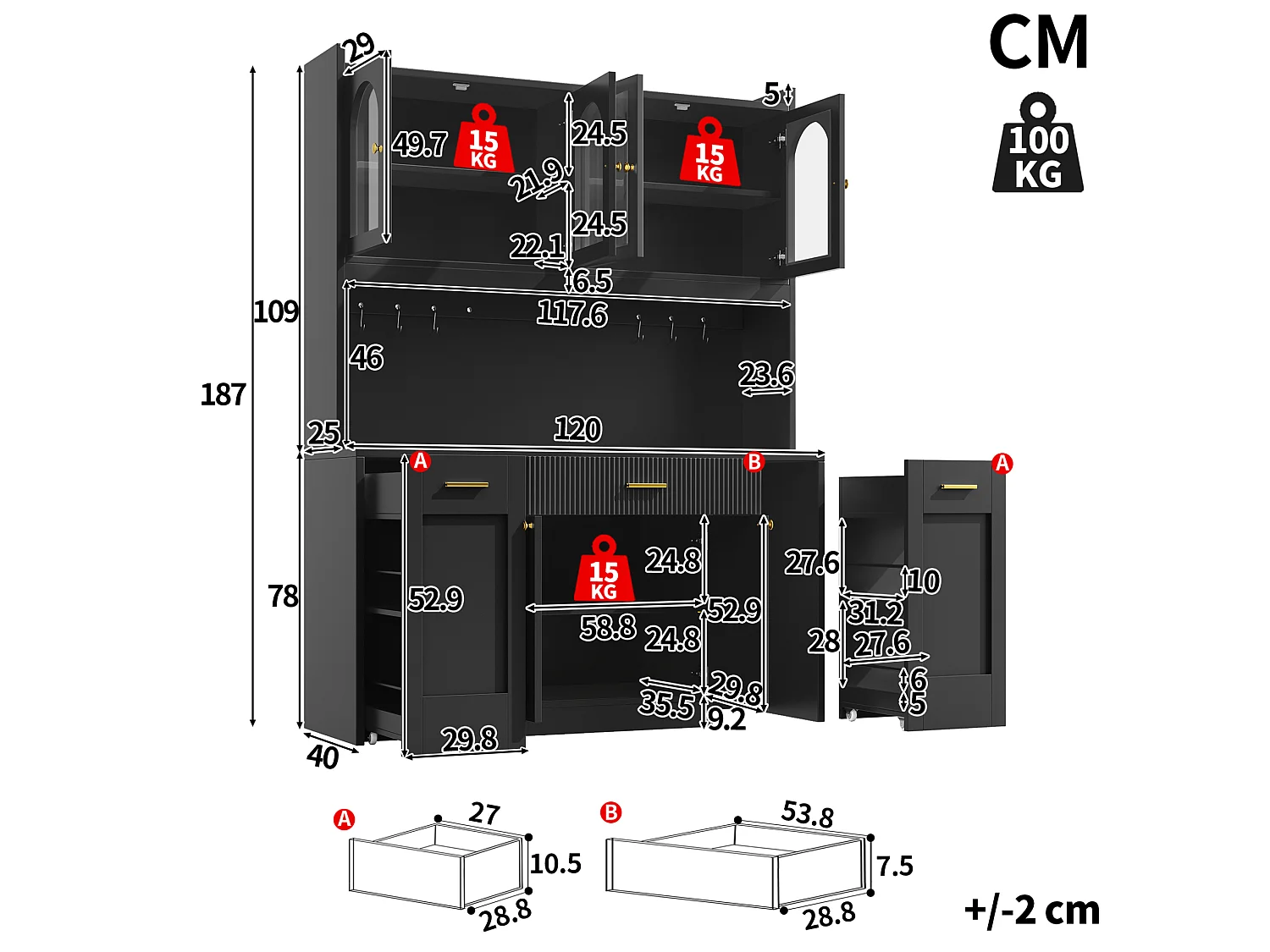 Meuble de cuisine 120 cm avec éclairage LED, portes et tiroirs - Noir