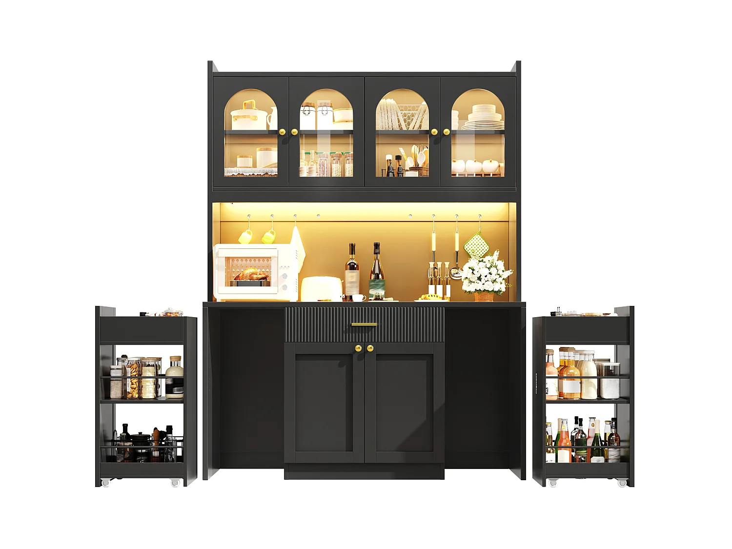 Meuble de cuisine 120 cm avec éclairage LED, portes et tiroirs - Noir