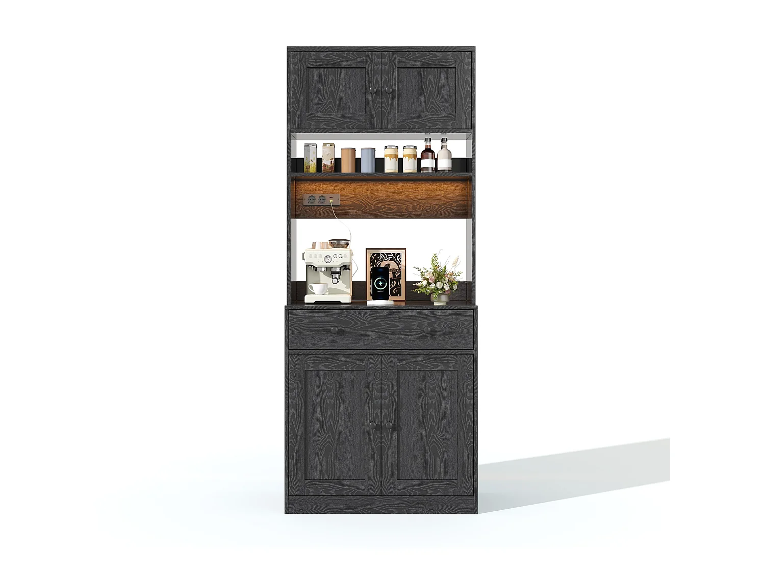 Meuble de cuisine avec LED, prise électrique et tiroir - Noir 72 x 40 x 180 cm