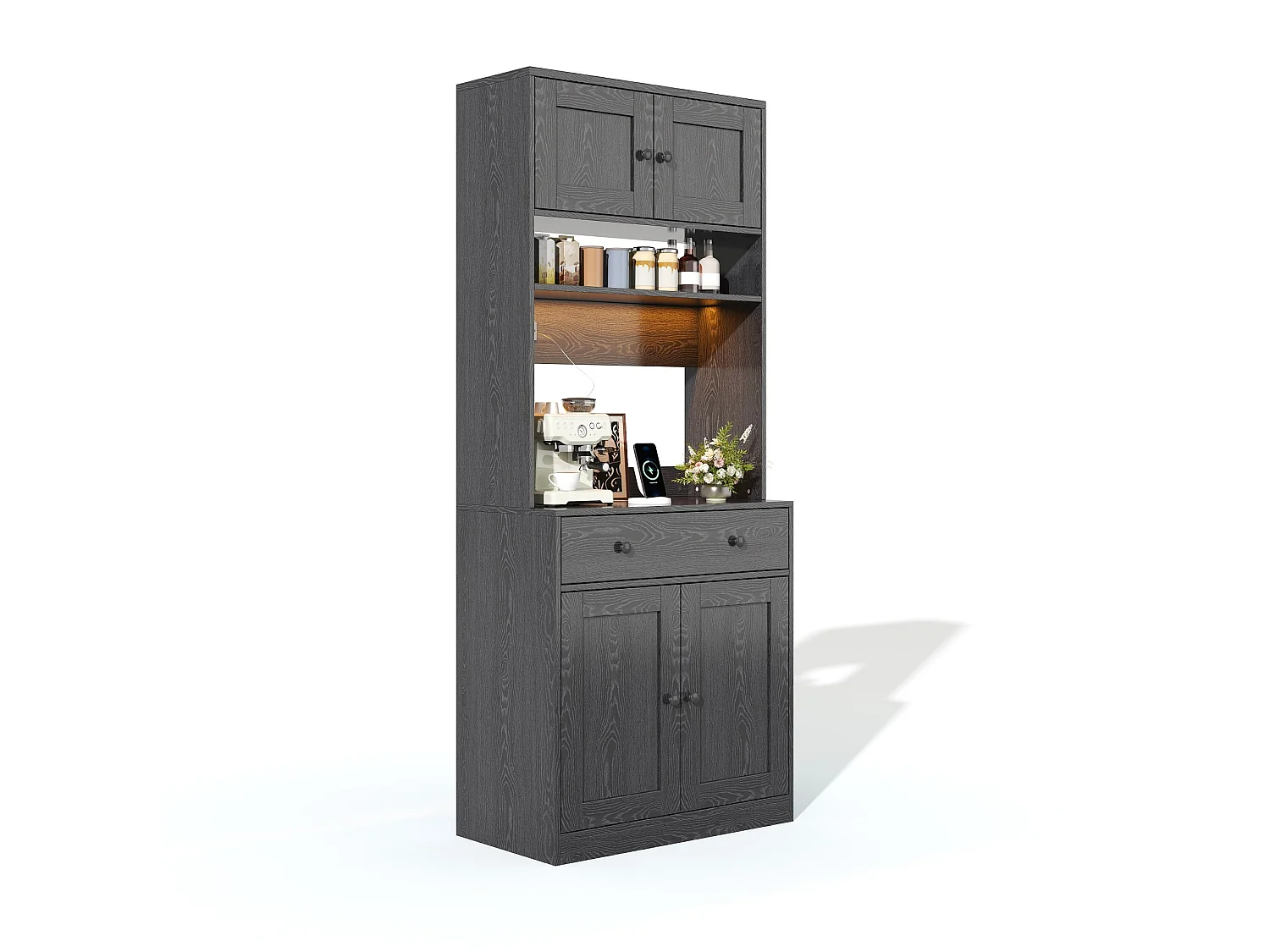 Meuble de cuisine avec LED, prise électrique et tiroir - Noir 72 x 40 x 180 cm