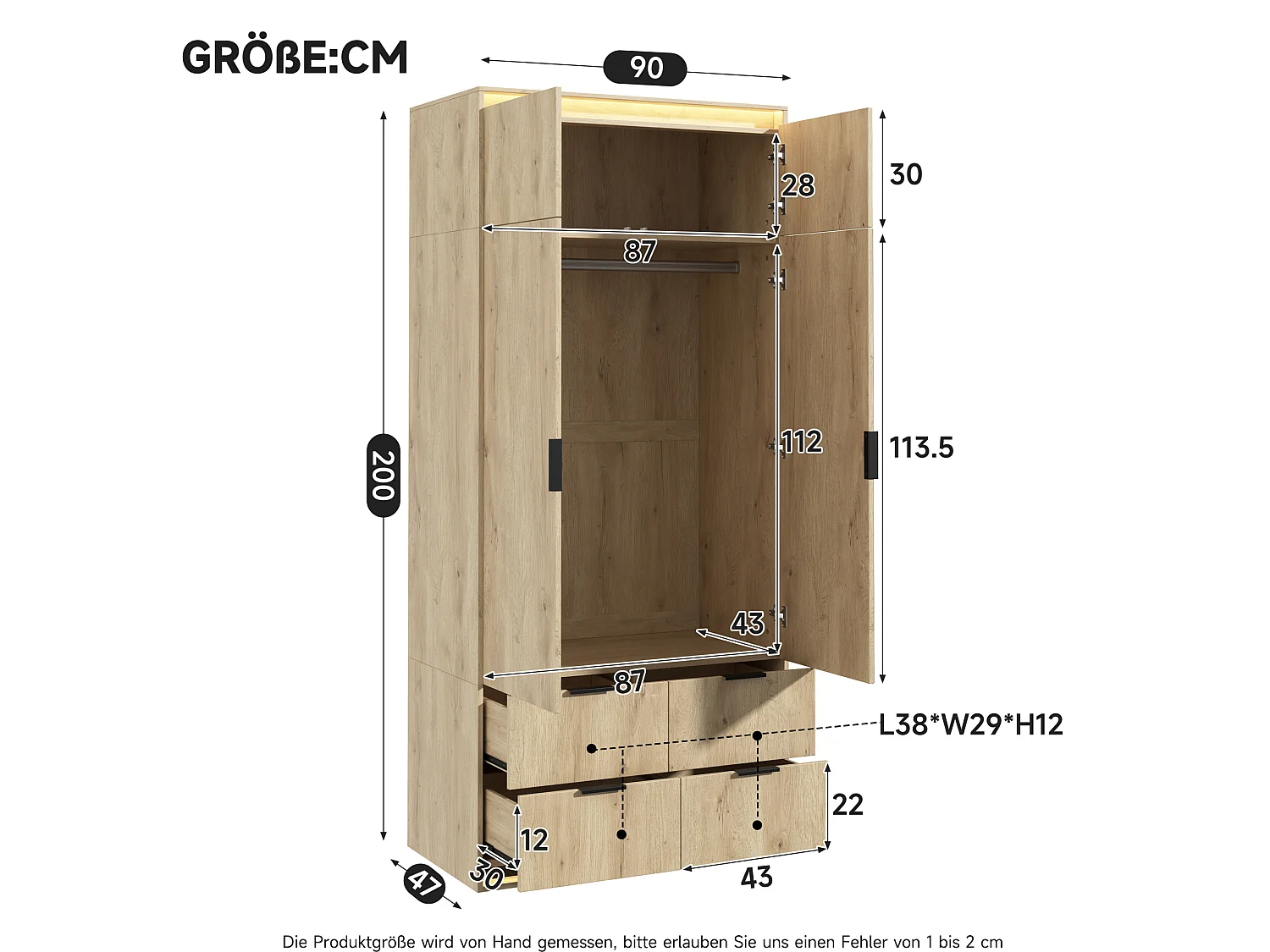 Armoire avec 2 portes, miroir et 4 tiroirs - Couleur bois 90 x 47 x 200 cm
