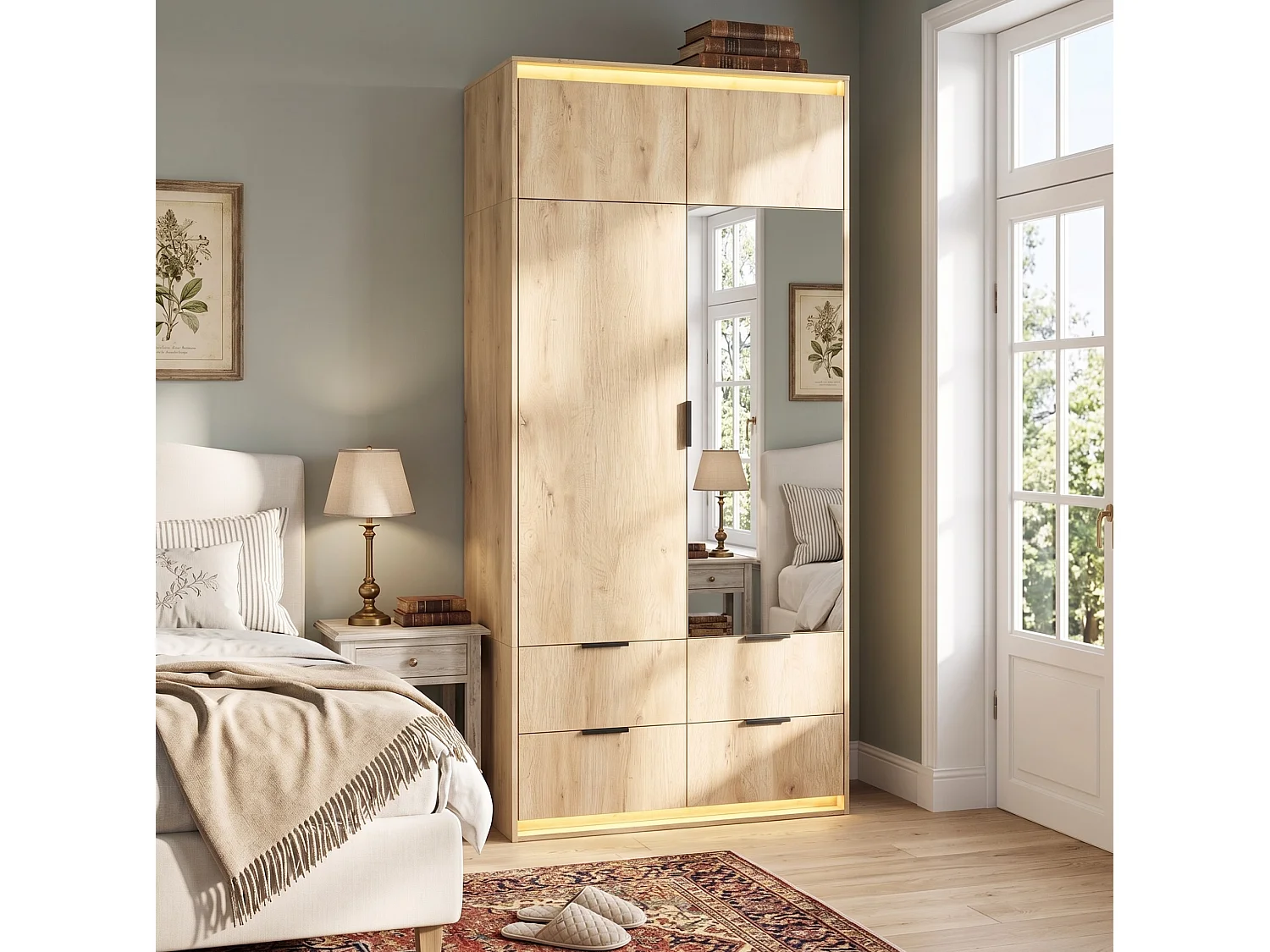 Armoire avec 2 portes, miroir et 4 tiroirs - Couleur bois 90 x 47 x 200 cm