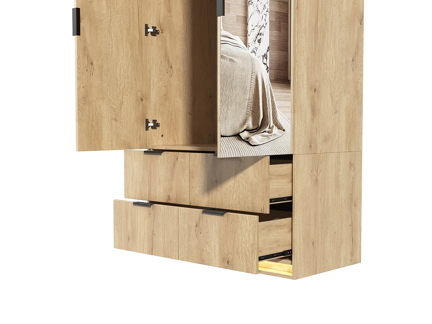 Armoire avec 2 portes, miroir et 4 tiroirs - Couleur bois 90 x 47 x 200 cm