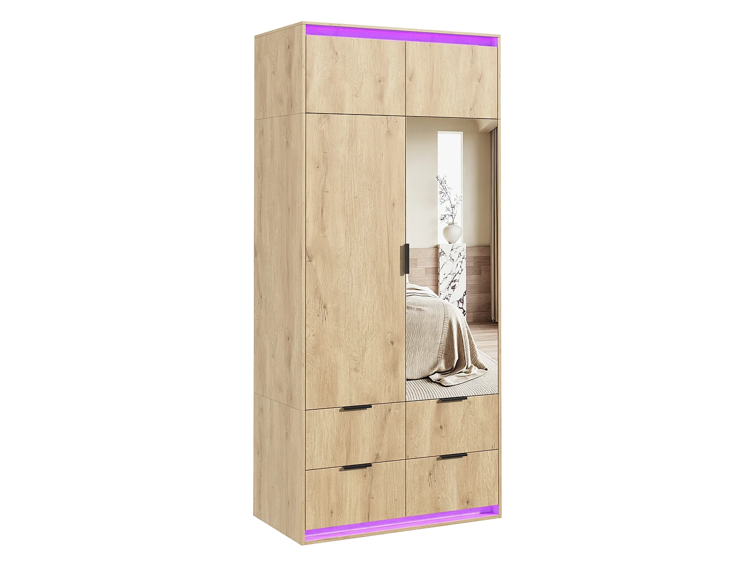 Armoire avec 2 portes, miroir et 4 tiroirs - Couleur bois 90 x 47 x 200 cm