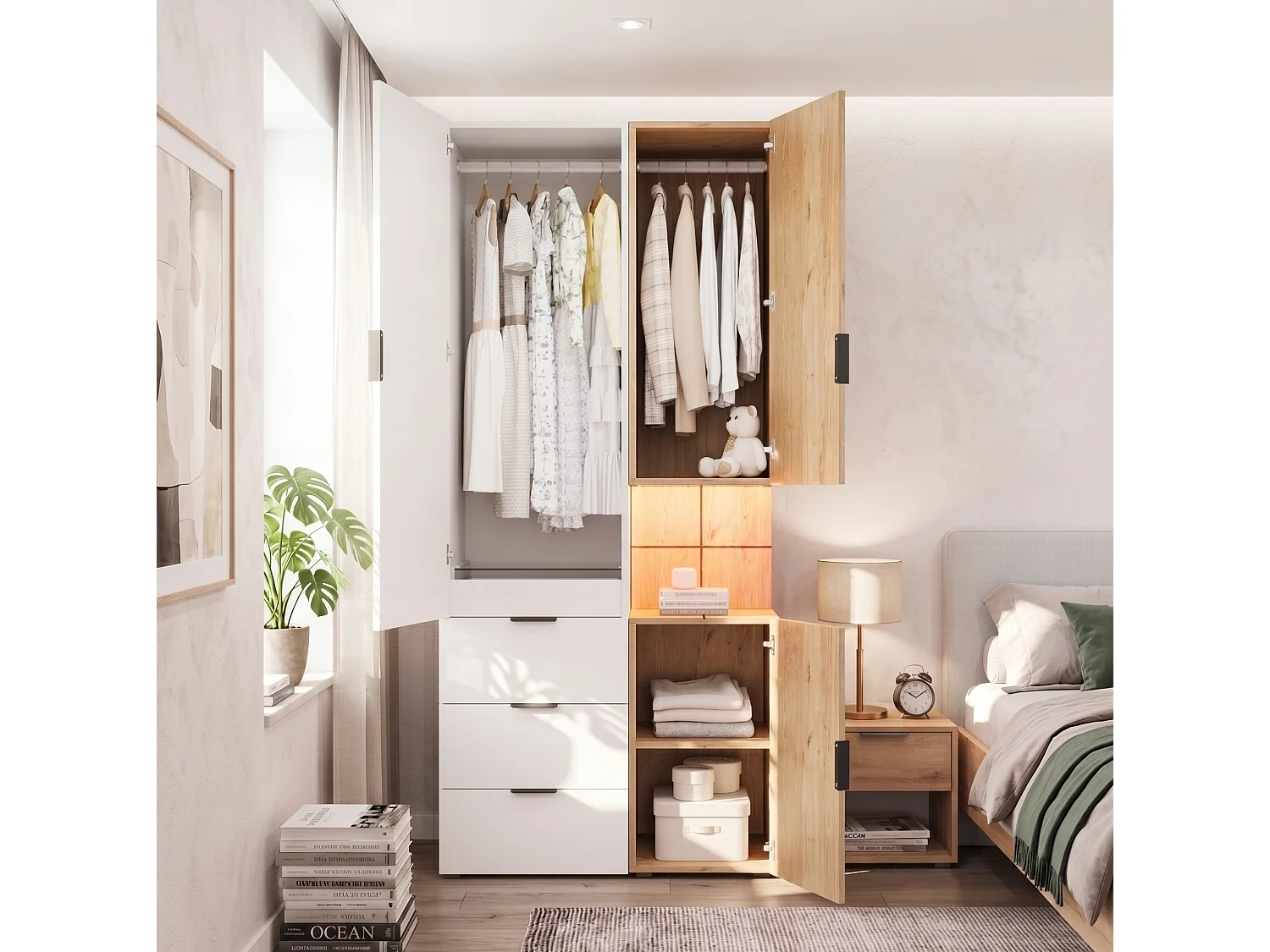 Armoire avec éclairage LED et 4 tiroirs, 3 portes - Naturel clair et blanc