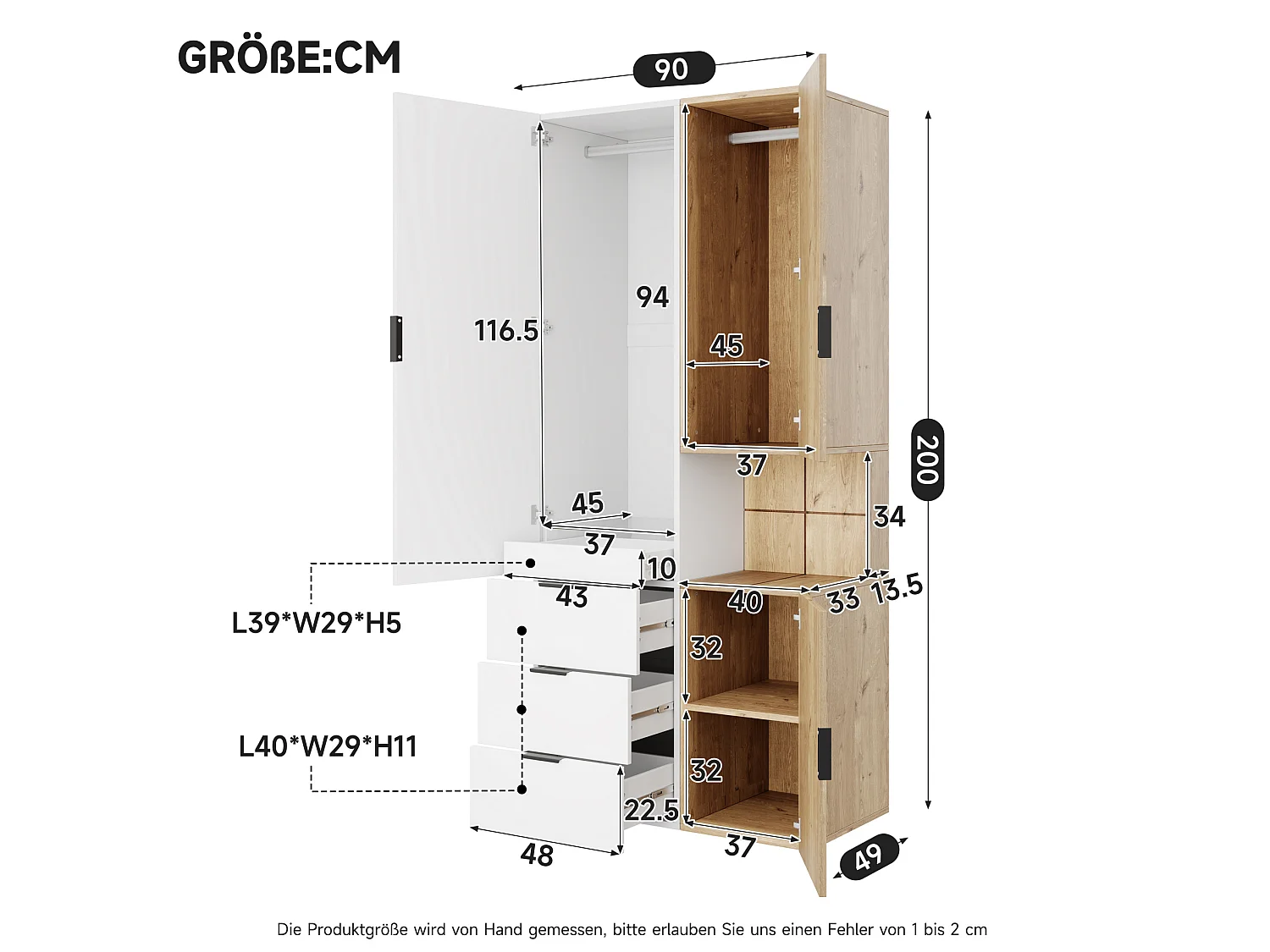 Armoire avec éclairage LED et 4 tiroirs, 3 portes - Naturel clair et blanc