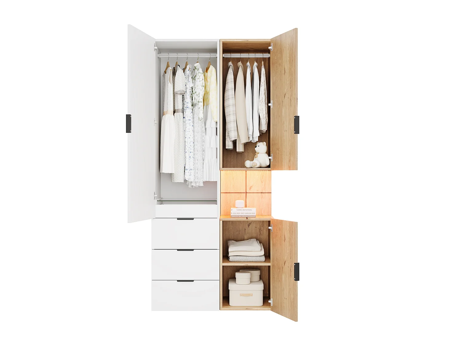 Armoire avec éclairage LED et 4 tiroirs, 3 portes - Naturel clair et blanc