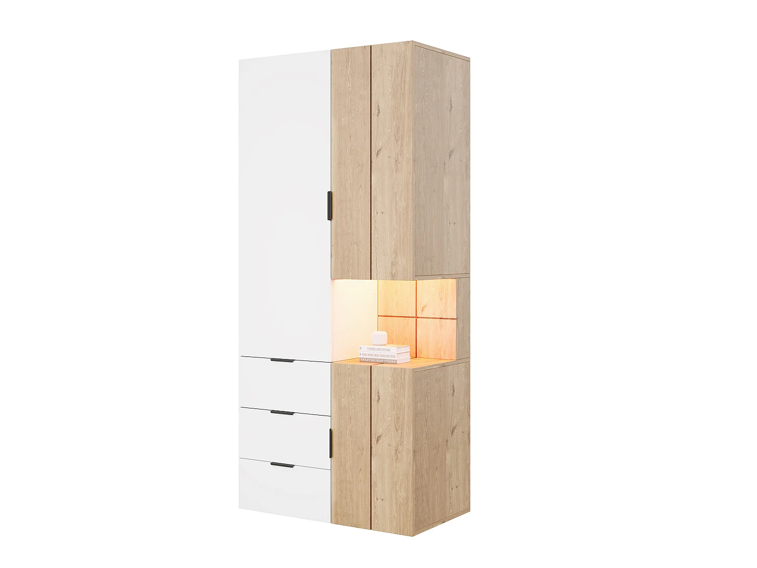 Armoire avec éclairage LED et 4 tiroirs, 3 portes - Naturel clair et blanc