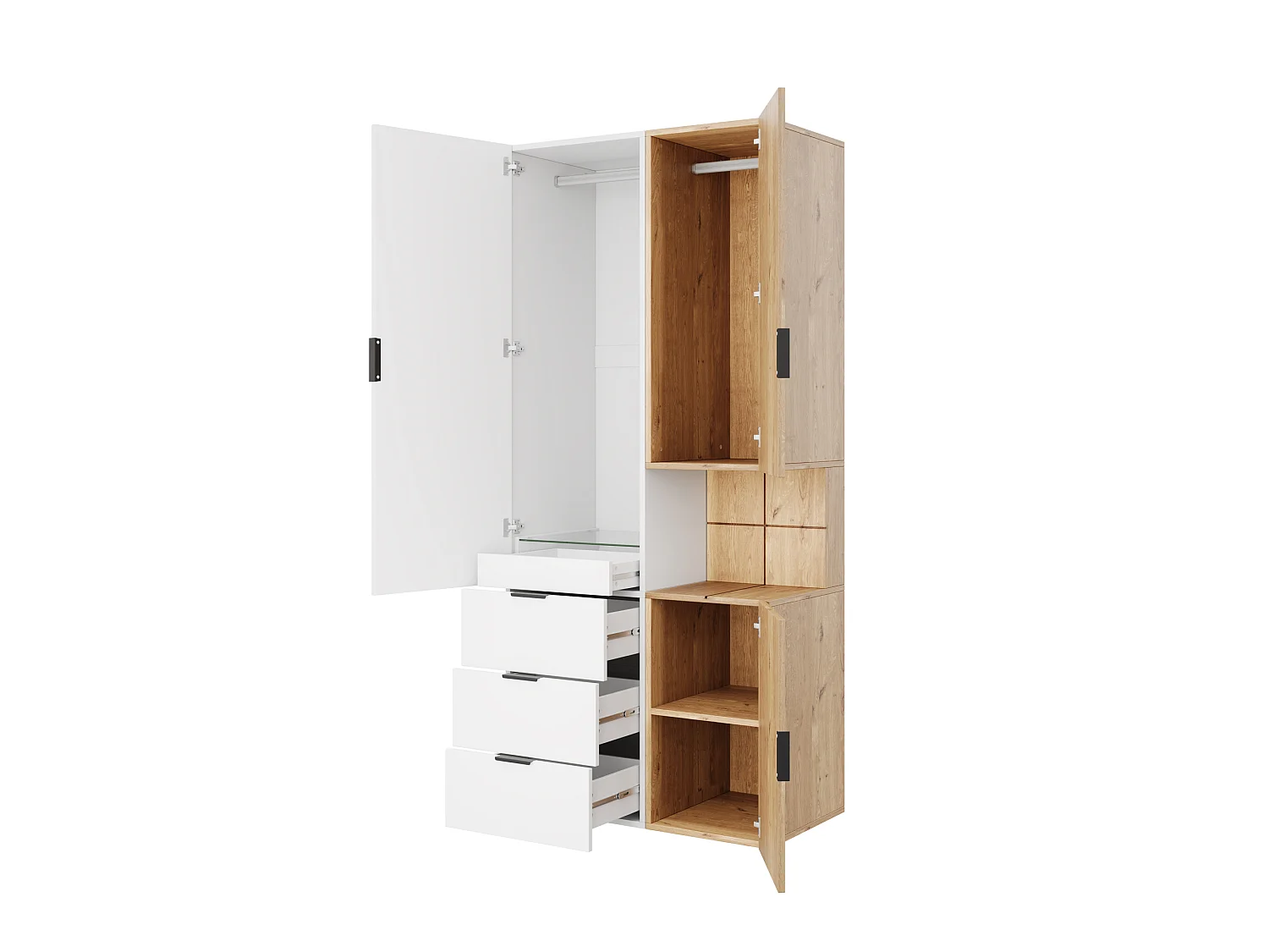 Armoire avec éclairage LED et 4 tiroirs, 3 portes - Naturel clair et blanc