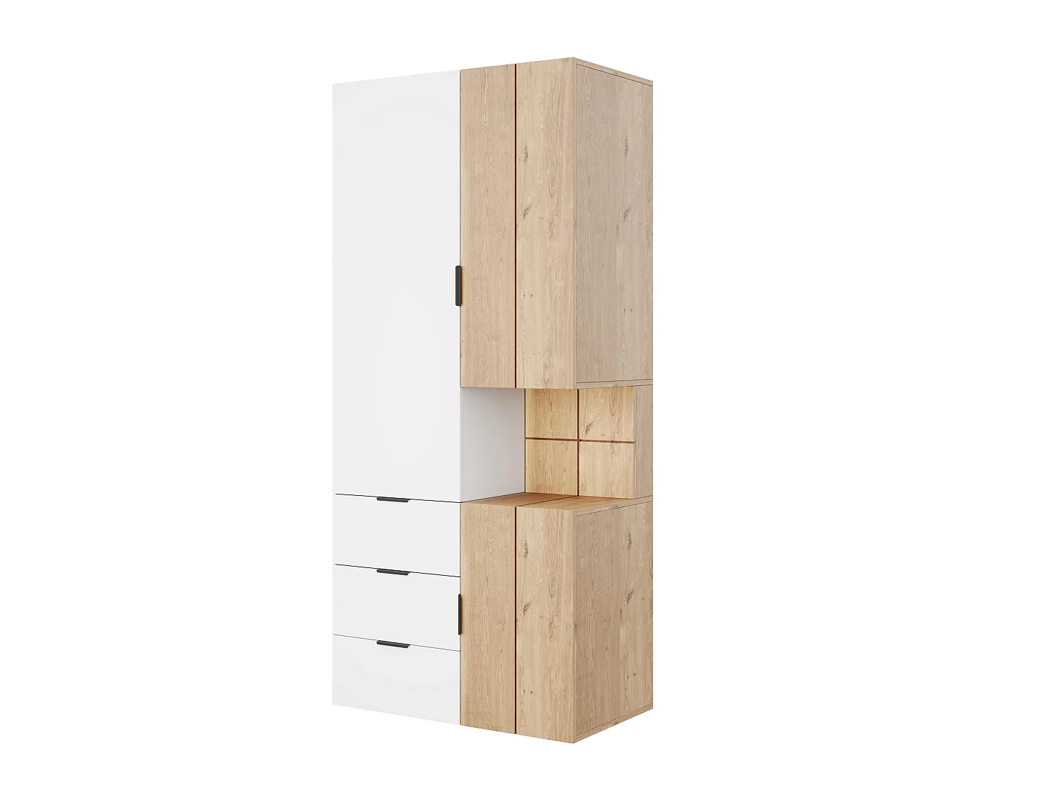 Armoire avec éclairage LED et 4 tiroirs, 3 portes - Naturel clair et blanc