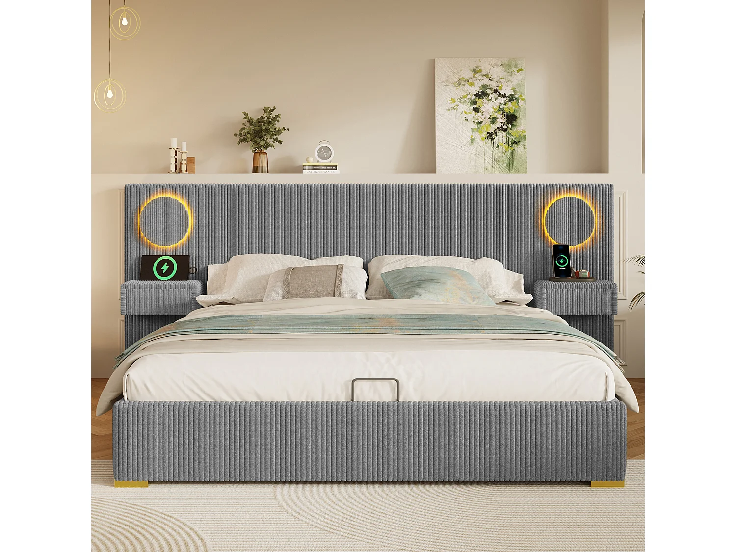 Lit coffre adulte 180x200 cm en velours avec LED, ports USB et 2 tiroirs - Gris