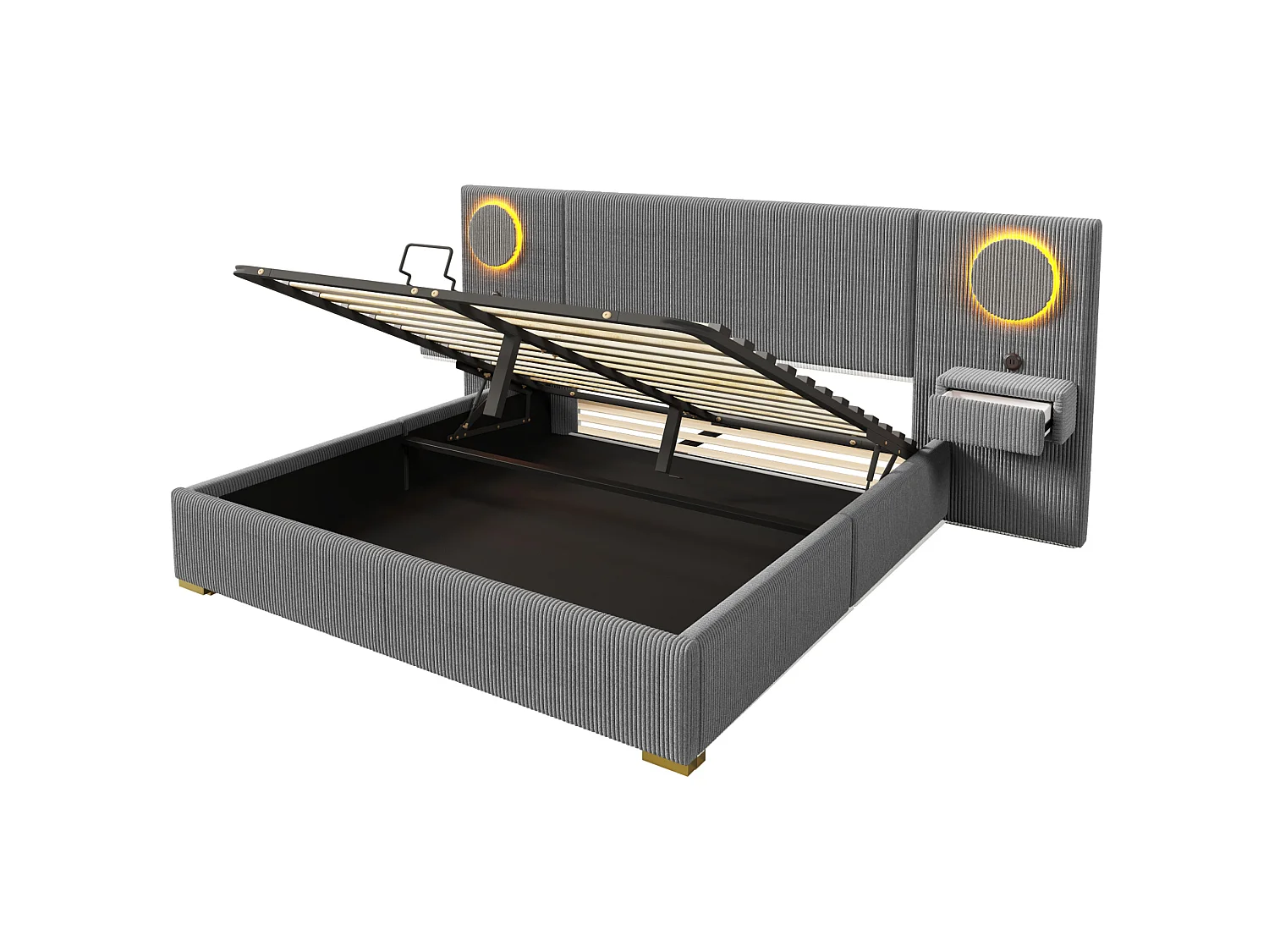 Lit coffre adulte 180x200 cm en velours avec LED, ports USB et 2 tiroirs - Gris