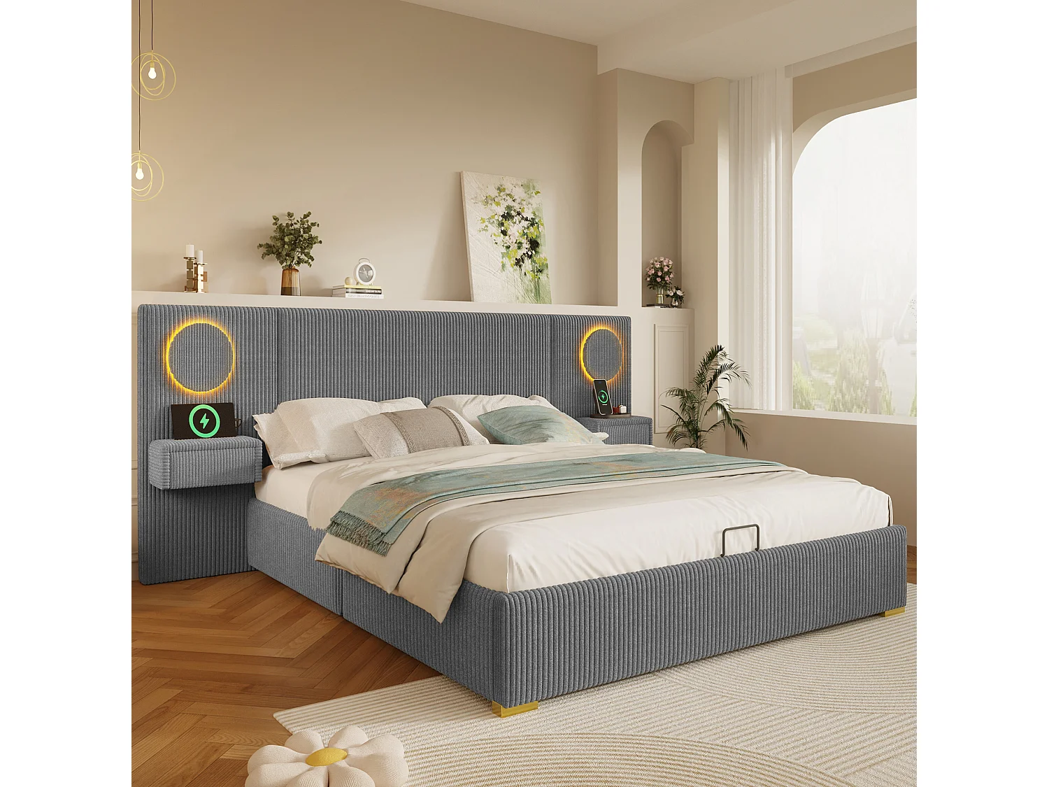 Lit coffre adulte 180x200 cm en velours avec LED, ports USB et 2 tiroirs - Gris