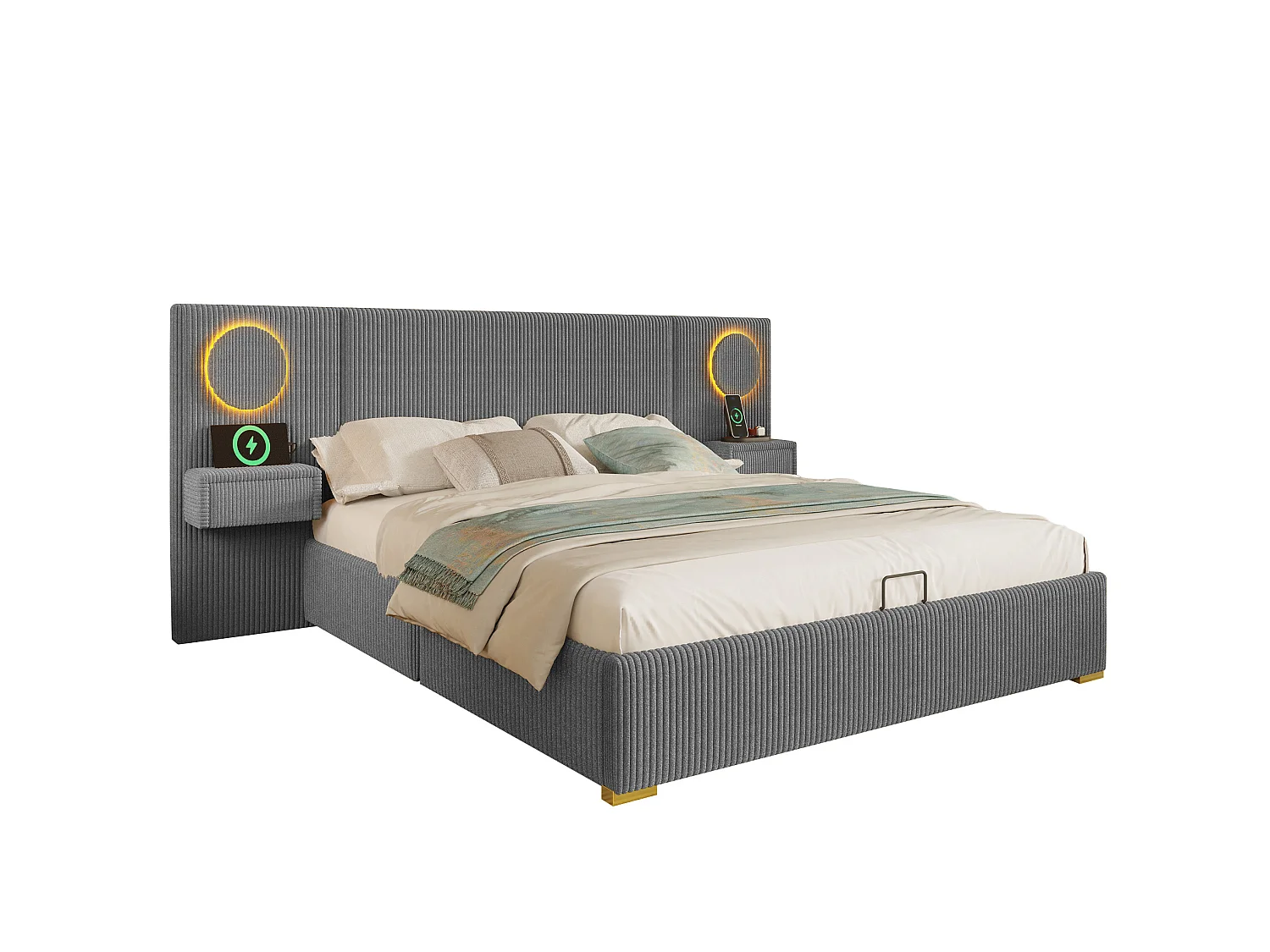 Lit coffre adulte 180x200 cm en velours avec LED, ports USB et 2 tiroirs - Gris