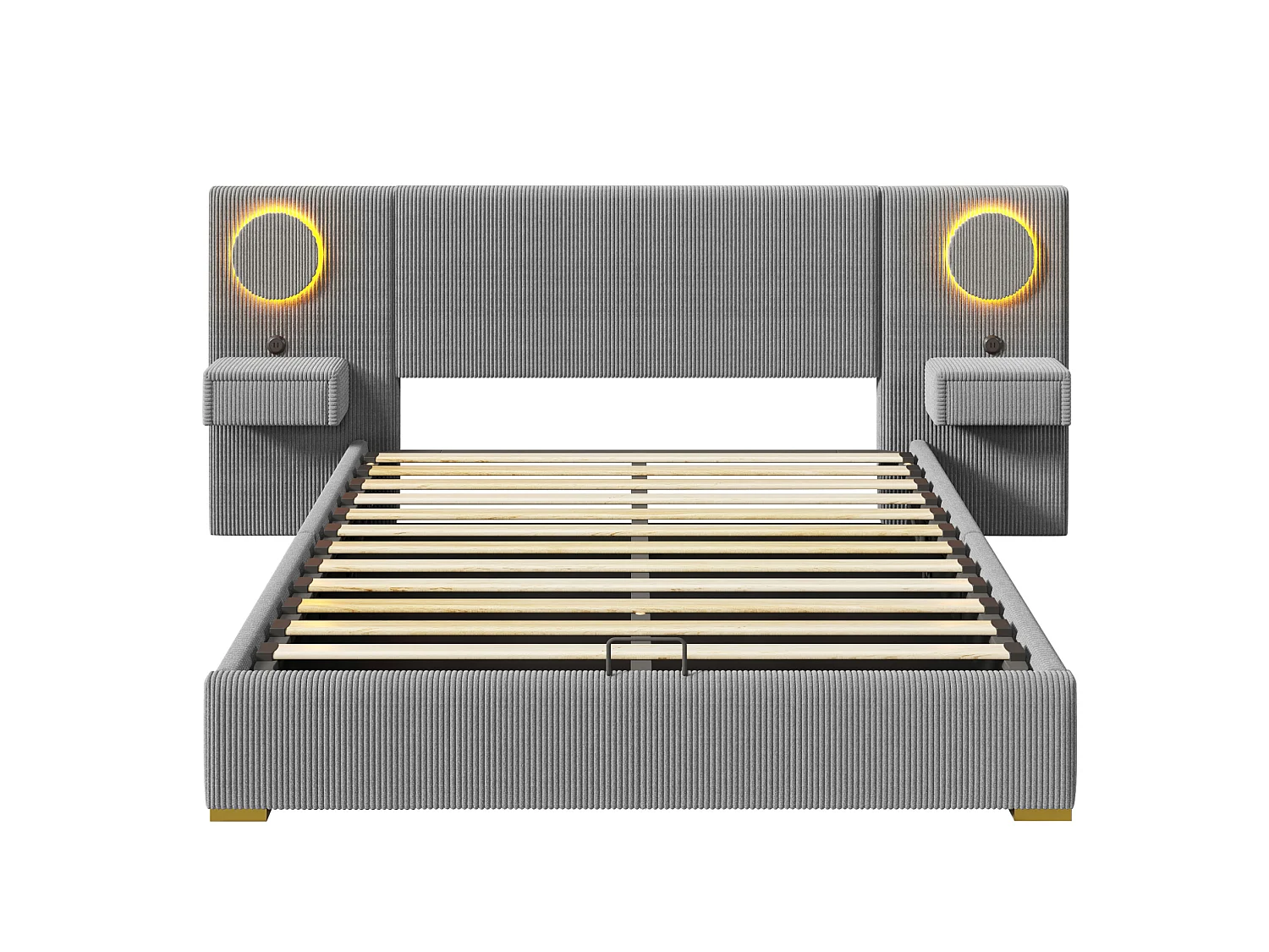 Lit coffre adulte 180x200 cm en velours avec LED, ports USB et 2 tiroirs - Gris