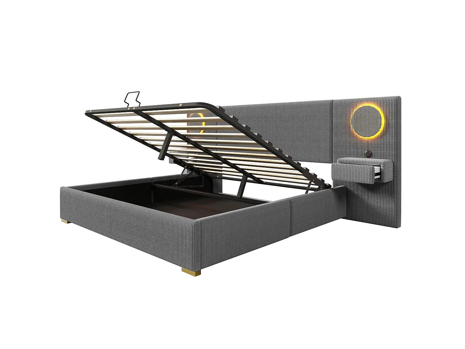 Lit coffre adulte 180x200 cm en velours avec LED, ports USB et 2 tiroirs - Gris
