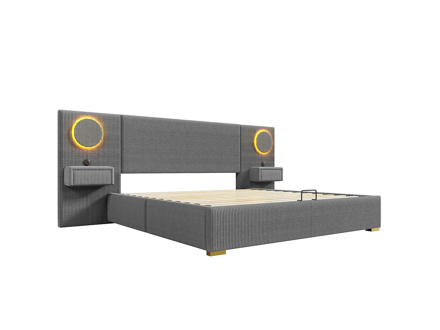 Lit coffre adulte 180x200 cm en velours avec LED, ports USB et 2 tiroirs - Gris