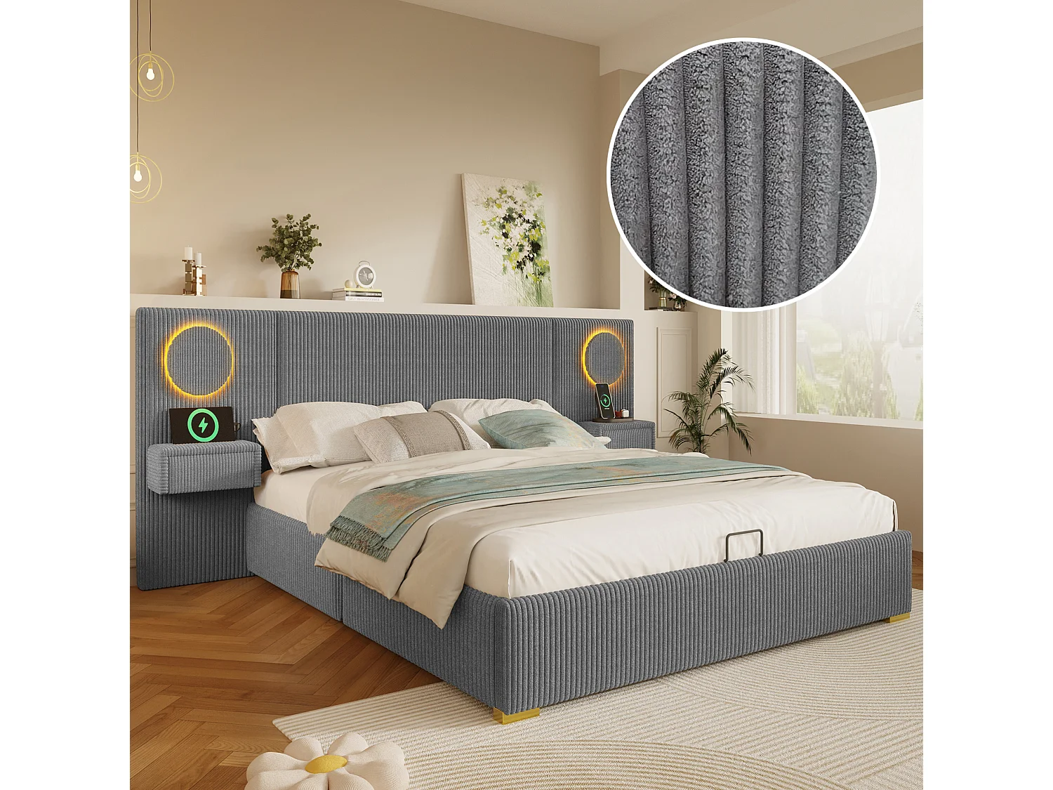 Lit coffre adulte 180x200 cm en velours avec LED, ports USB et 2 tiroirs - Gris