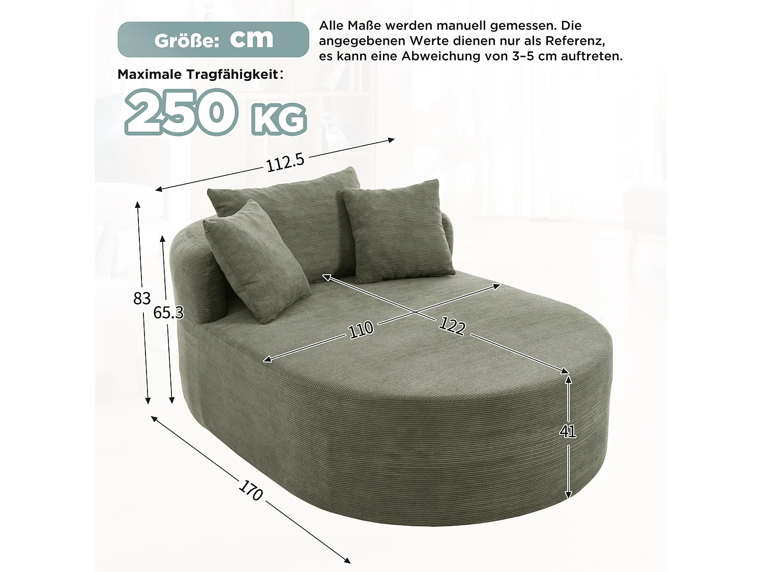 Méridienne compressé ovale 170x112.5 cm en velours côtelé - Vert