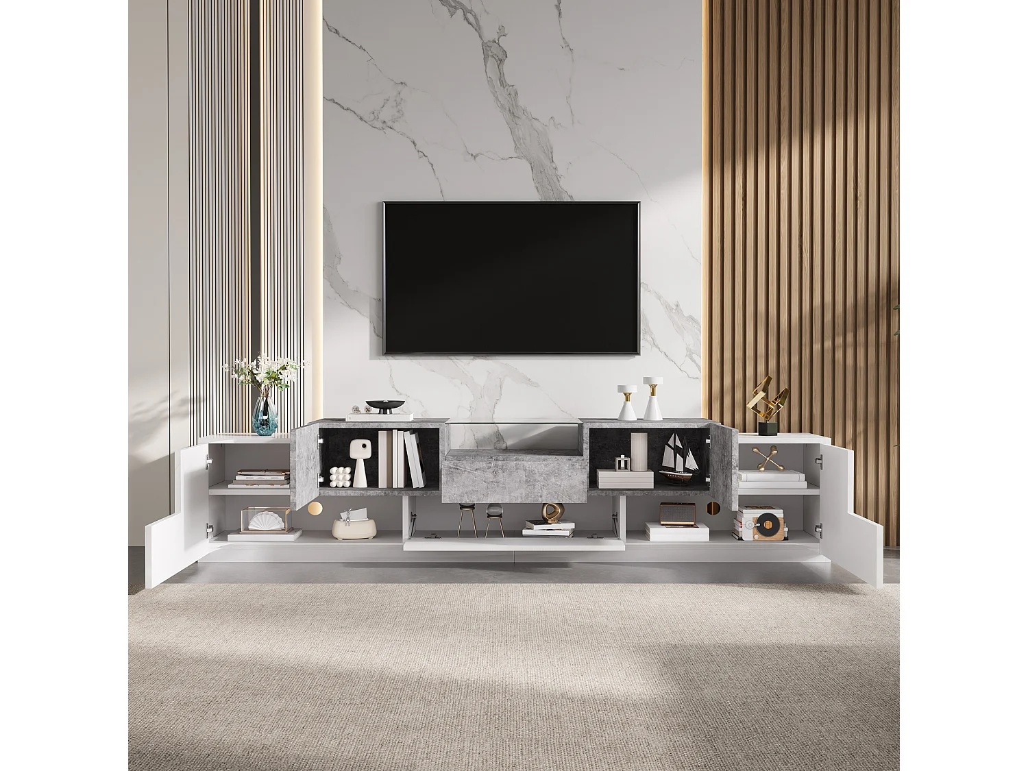 Rack para TV branco e cinza-cimento com portas e gaveta central