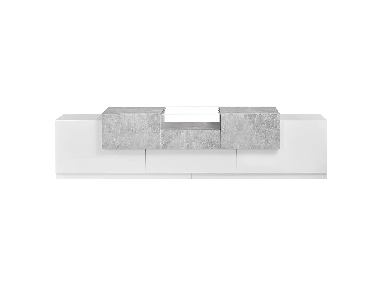 Rack para TV branco e cinza-cimento com portas e gaveta central