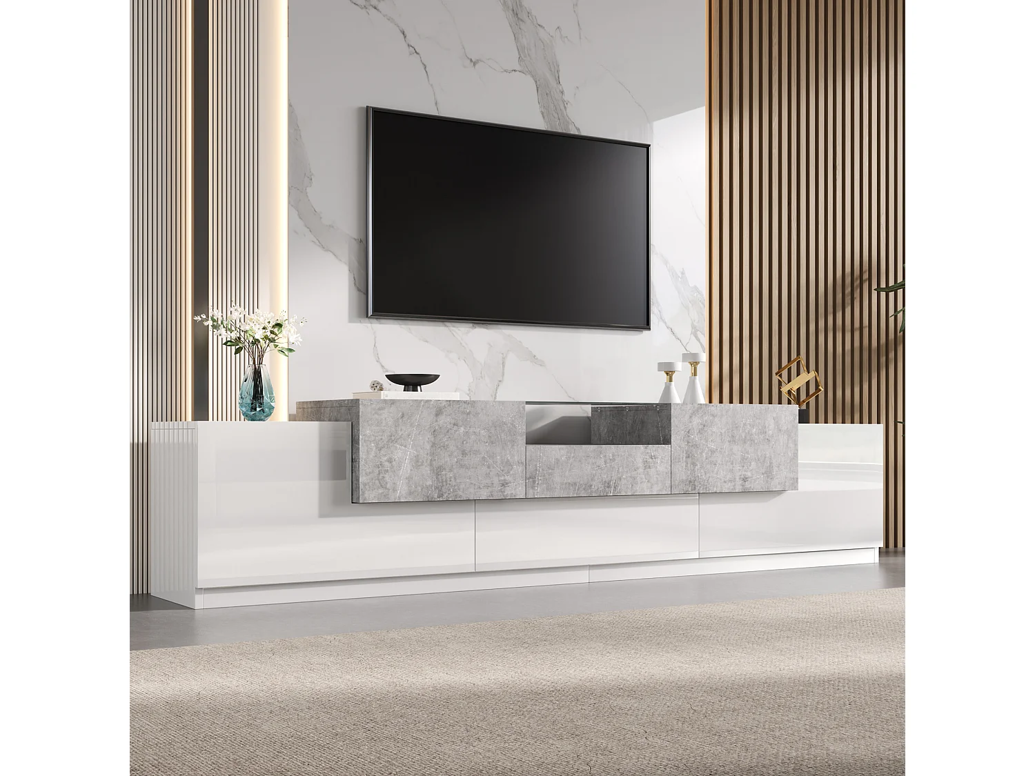 Rack para TV branco e cinza-cimento com portas e gaveta central