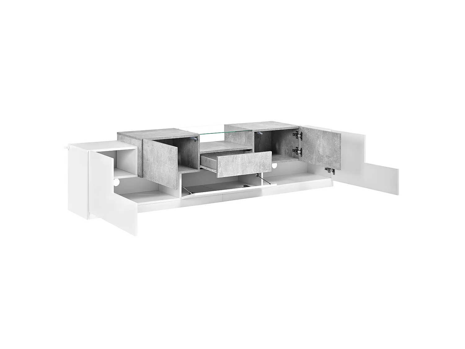 Rack para TV branco e cinza-cimento com portas e gaveta central