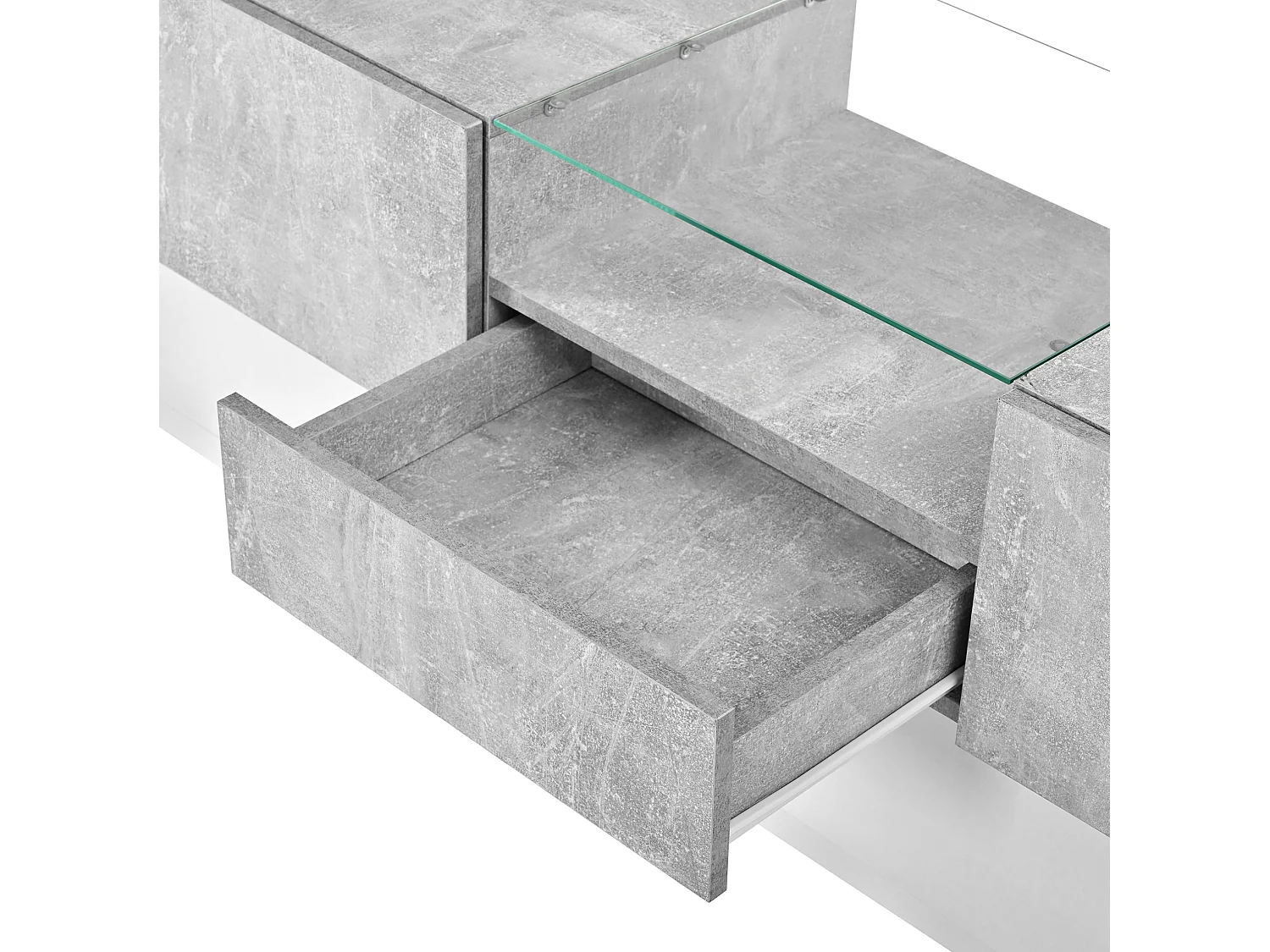 Rack para TV branco e cinza-cimento com portas e gaveta central
